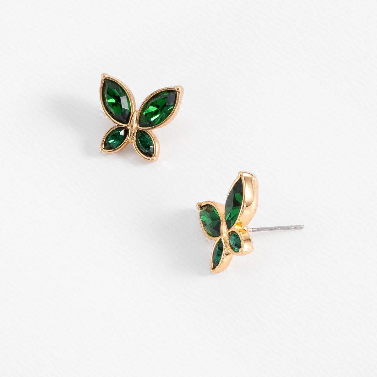 Aretes Poste en Baño de Oro con Mariposa y Piedras Verdes